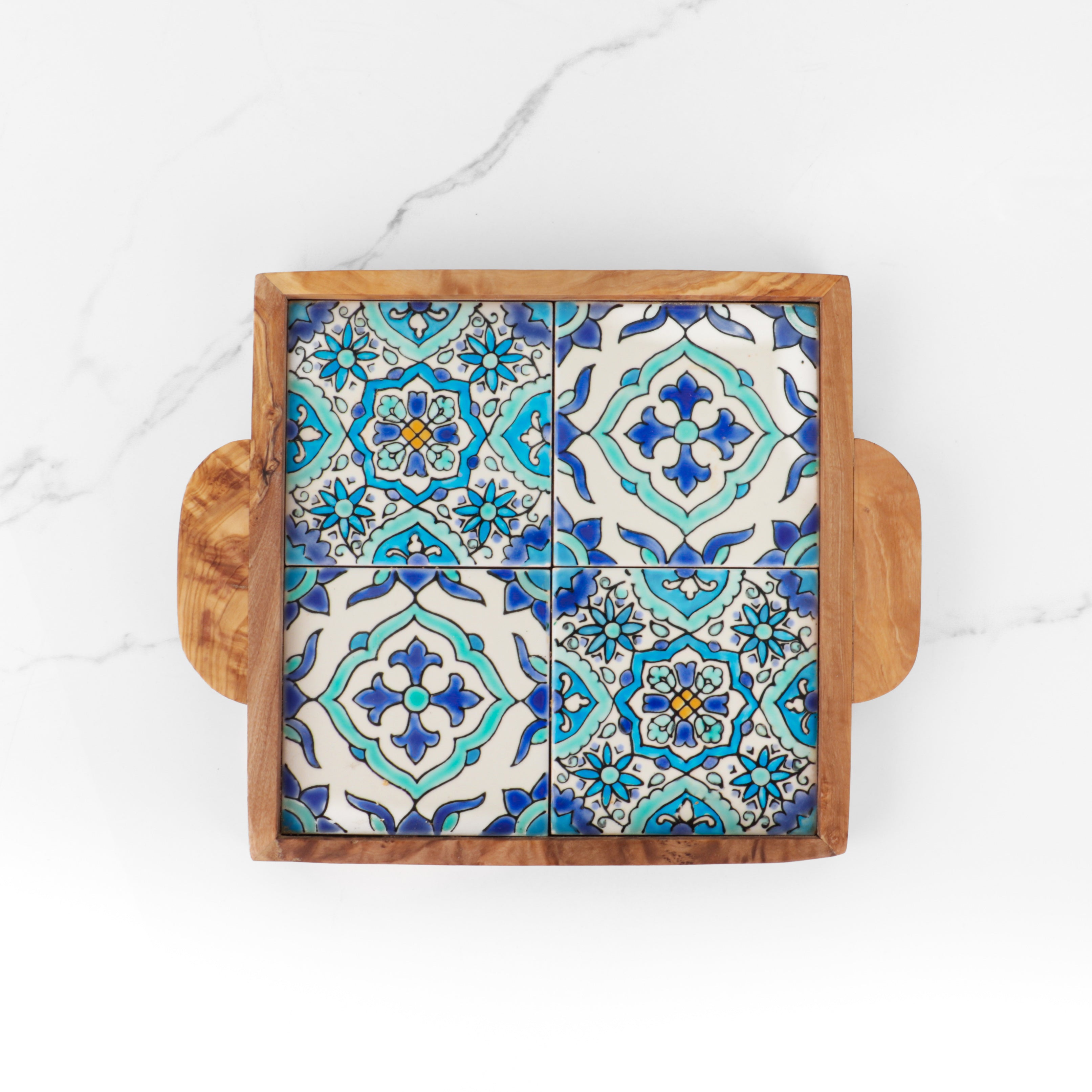 Olive Wood tray with handle and Hand-painted Ceramic Tiles - ArtisRaw